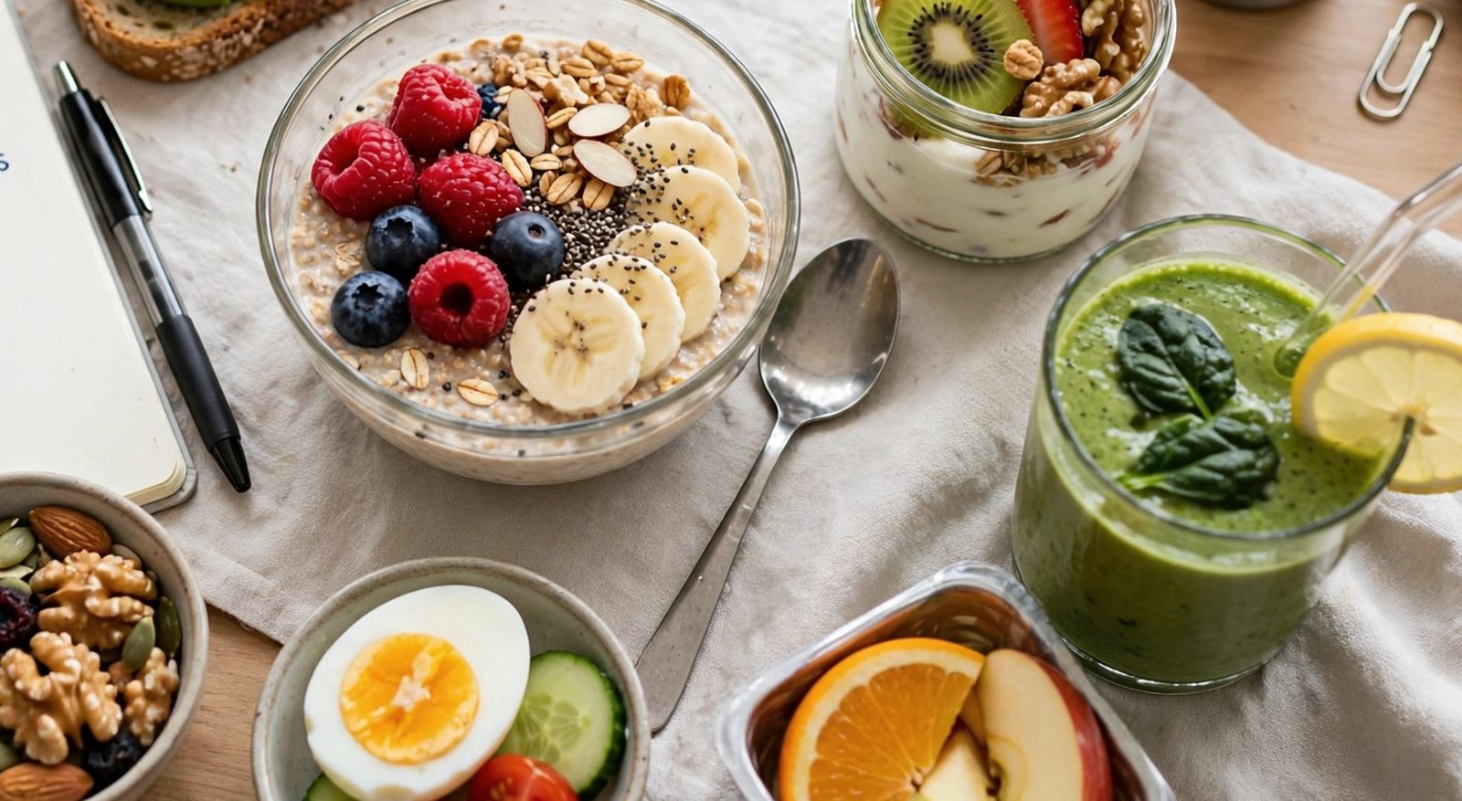 Overnight oats with berries, a yogurt parfait and a green smoothie