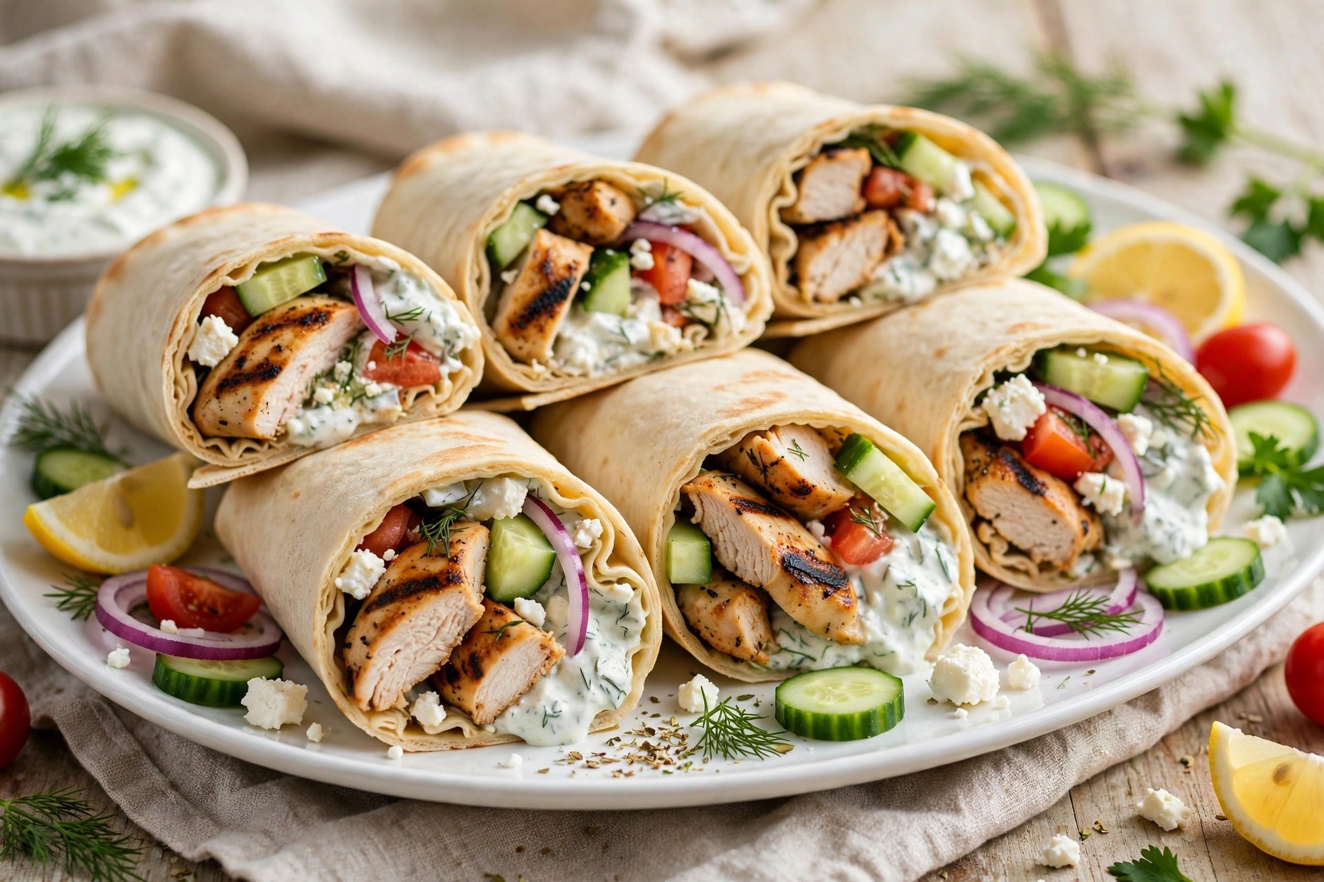 Greek chicken wraps with tzatziki, cucumber and feta on a serving platter