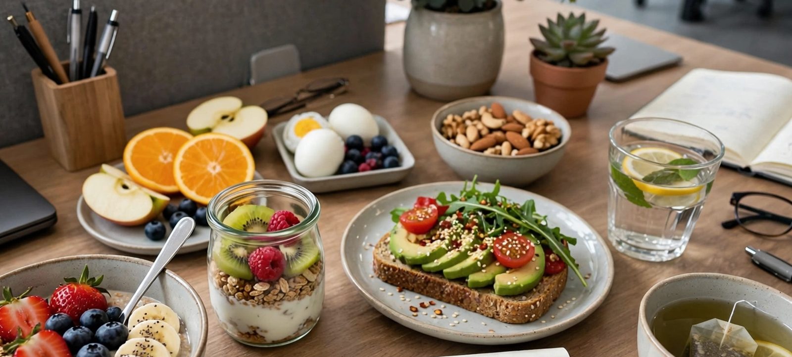 Healthy office breakfast with avocado toast, fresh fruit, yogurt and tea