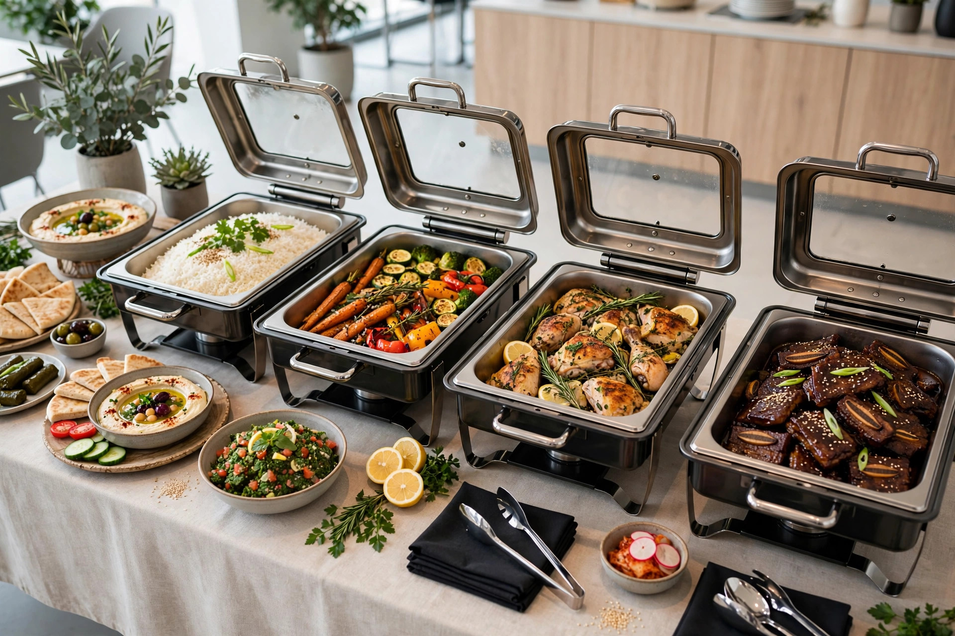 Hot international lunch buffet with short ribs, herb chicken and rice