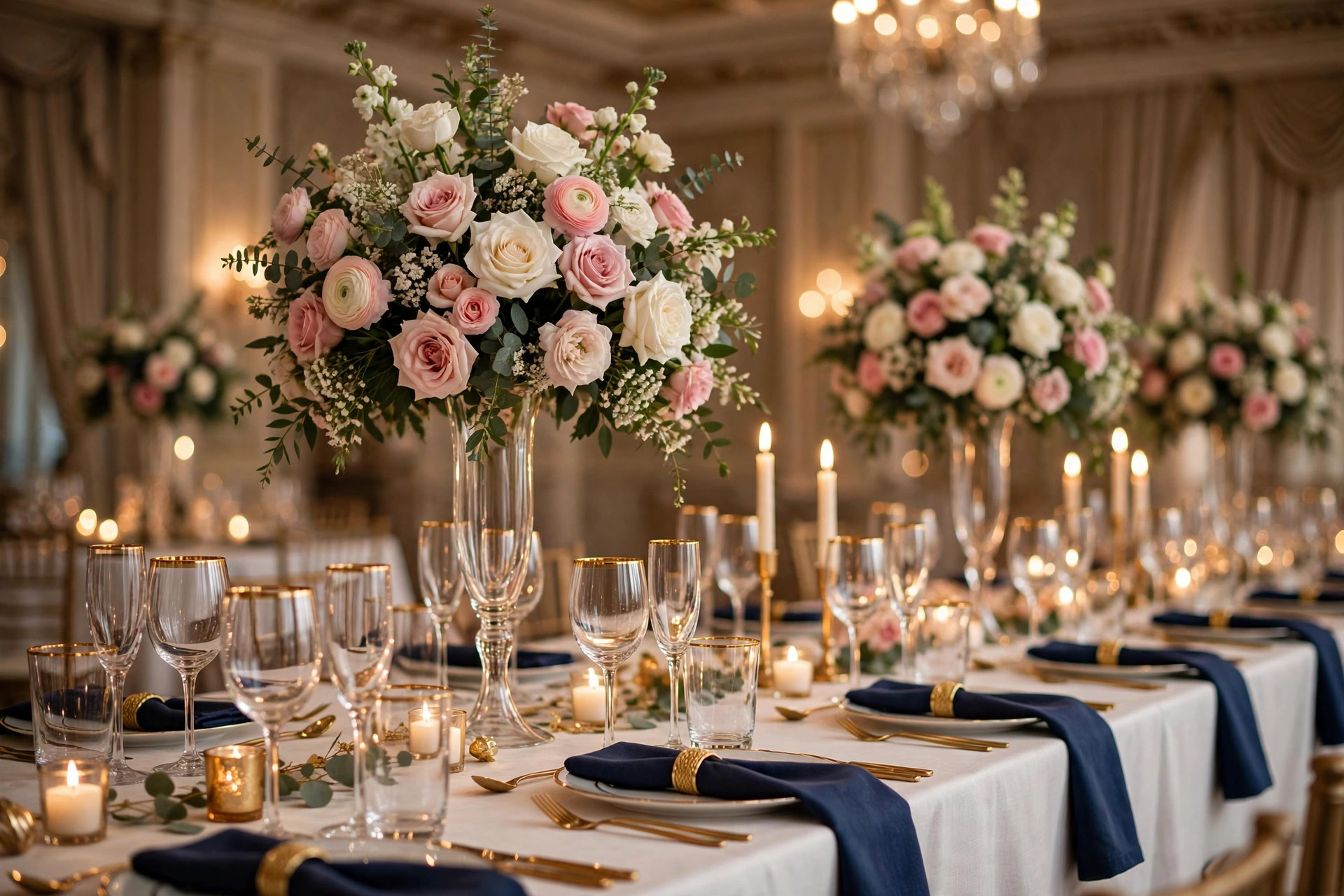 Elegant wedding reception table with candles and florals